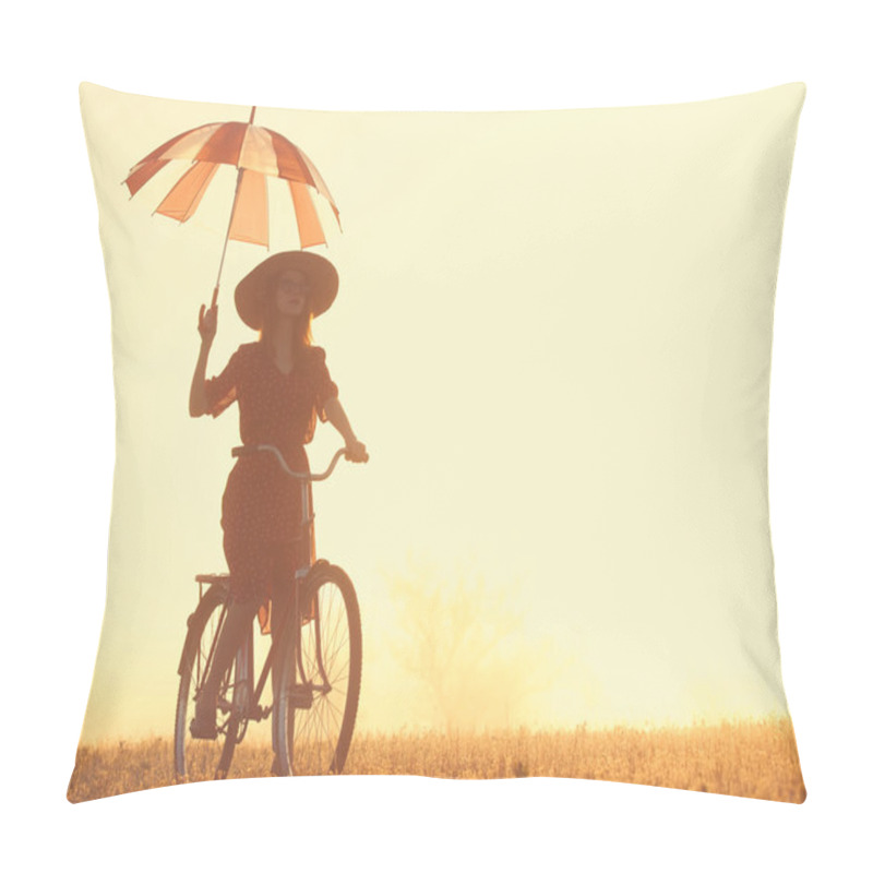 Personality  Girl With Umbrella On A Bike In The Countryside In Sunrise Time Pillow Covers