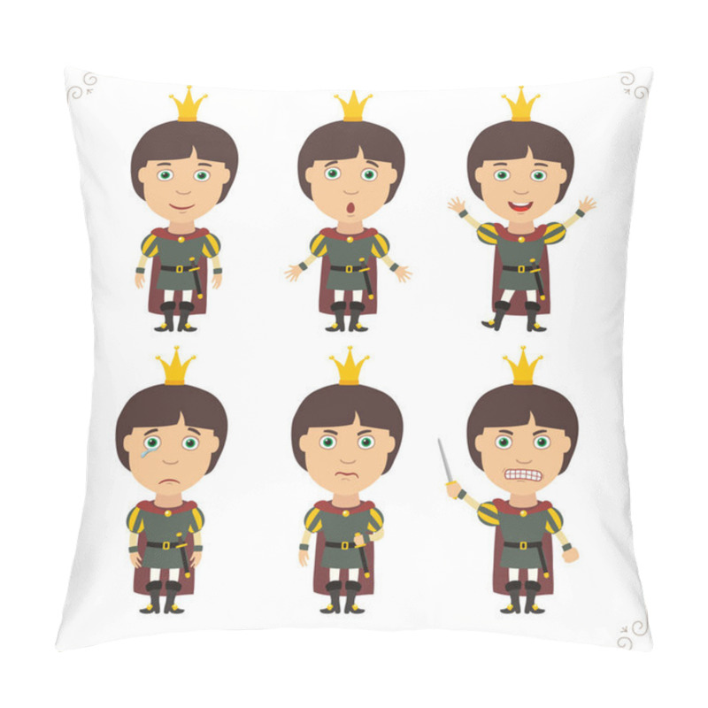 Personality  Cute Cartoon Characters Of Princes In Crowns With Different Emotions Isolated On White Background Pillow Covers