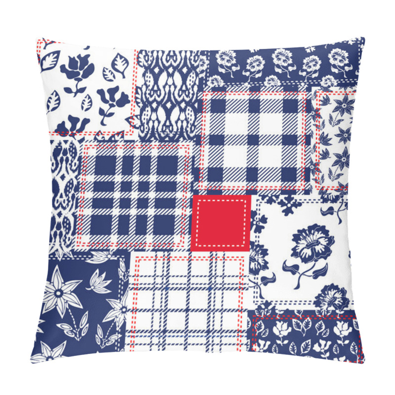 Personality  Blue, White, Red Patchwork. Textile Collage With Checkered And Floral Patterns.  Pillow Covers