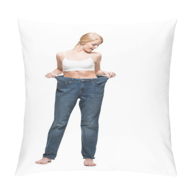 Personality  Full Length View Of Surprised Young Woman In Oversized Jeans Looking Down Isolated On White Pillow Covers