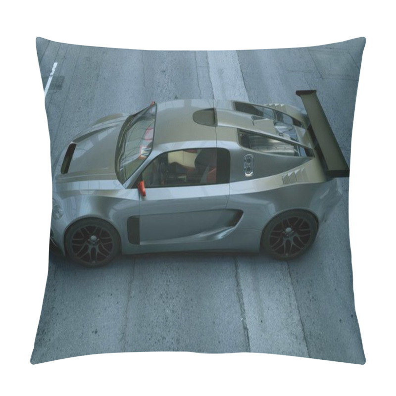 Personality  Sleek Silver Sports Car With Aerodynamic Design And Large Rear Spoiler On A City Street. Pillow Covers