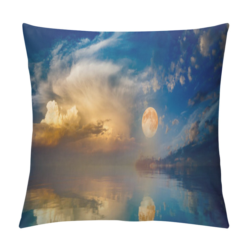 Personality  Full Moon Rising Above Serene Sea In Sunset Sky Pillow Covers