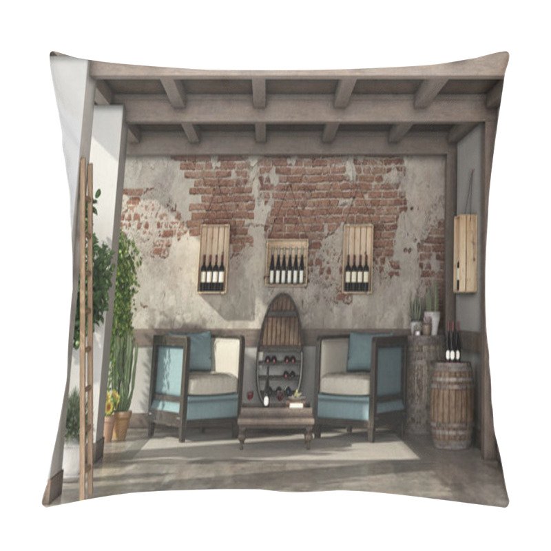 Personality  Rustic Veranda For Wine Tasting With Two Armchair,side Table,old Barrels And Wine Bottles - 3d Rendering Pillow Covers