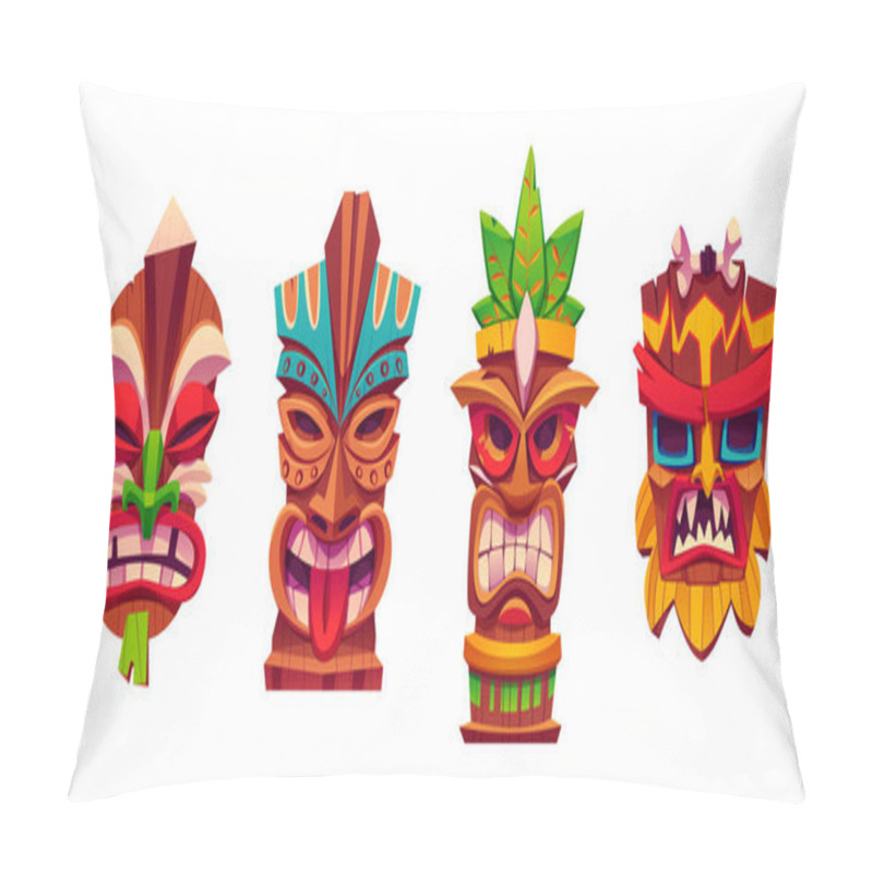 Personality  Traditional Hawaiian Totem Tiki Mask Collection. Cartoon Vector Illustration Set Of Wooden Tribal Culture Statue Head With Tropical Leaves Decorations. Face Emotions With Eyes, Teeth And Tongue. Pillow Covers