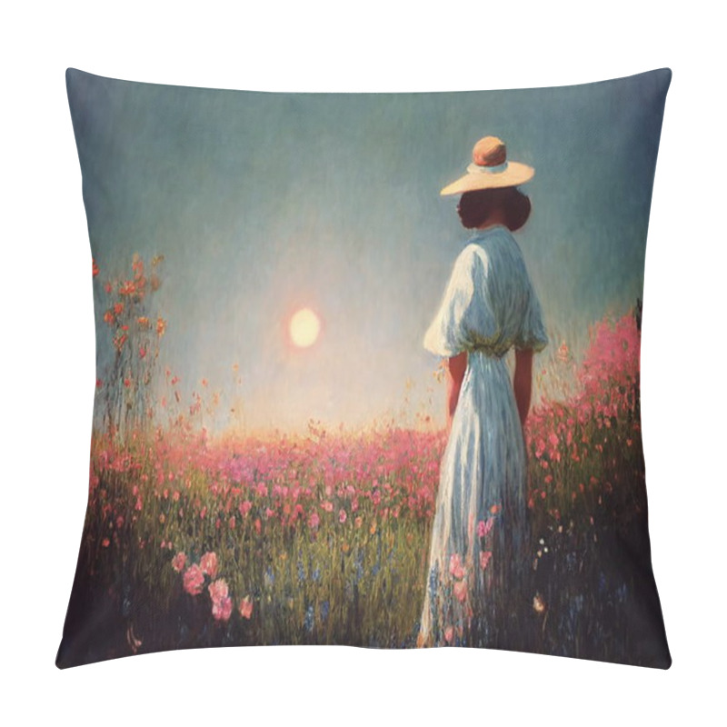 Personality    Woman In Blue Dress On Wild Field With Pink Flowers ,sunset  Cloudy Sky Impressionism Painting Art Wallpaper By Claude Mone Style Pillow Covers