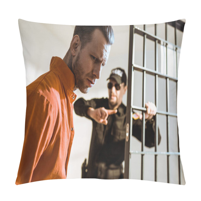 Personality  Prison Guard Showing Something To Criminal In Prison Cell Pillow Covers