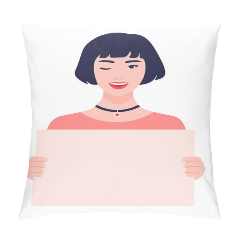 Personality  Asian Girl Holds In Her Hands A Blank Poster Without Text. Winking Young Woman On A White Background. Feminism And Women's Rights. A Student Is Protesting. Vector Illustration In Flat Style Pillow Covers