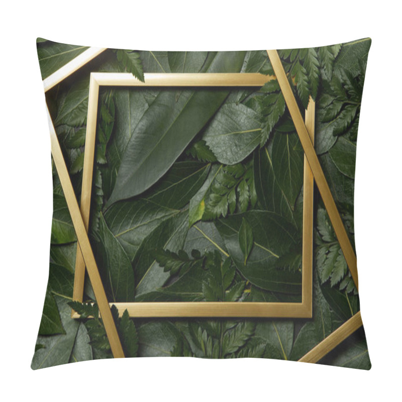 Personality  Top View Of Golden Frames On Green Leaves Background Pillow Covers