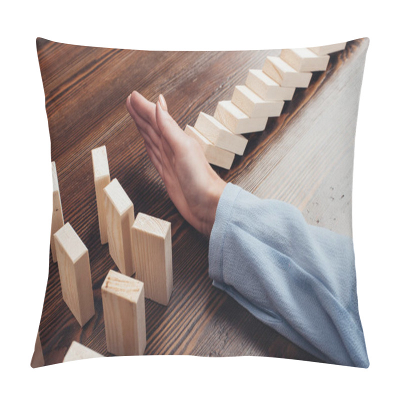 Personality  Cropped View Of Woman At Desk Preventing Wooden Blocks From Falling Pillow Covers