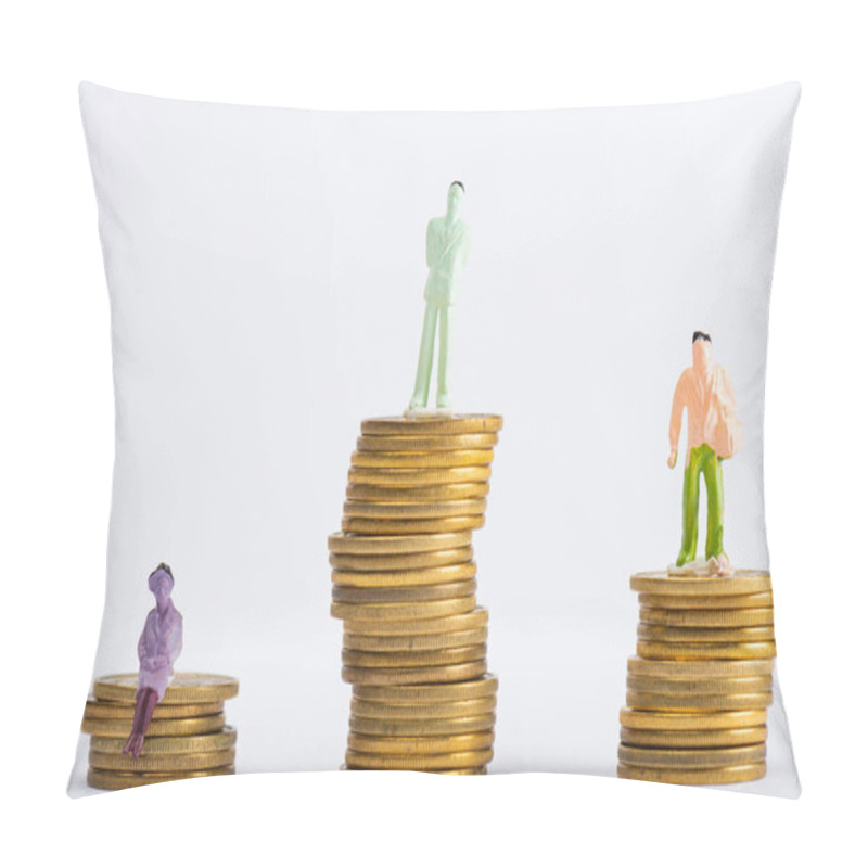 Personality  Close Up View Of People Figures On Stacked Coins On White Surface Isolated On Grey, Concept Of Financial Equality Pillow Covers