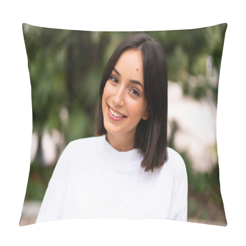 Personality  Young Happy Caucasian Woman At Outdoors Pillow Covers