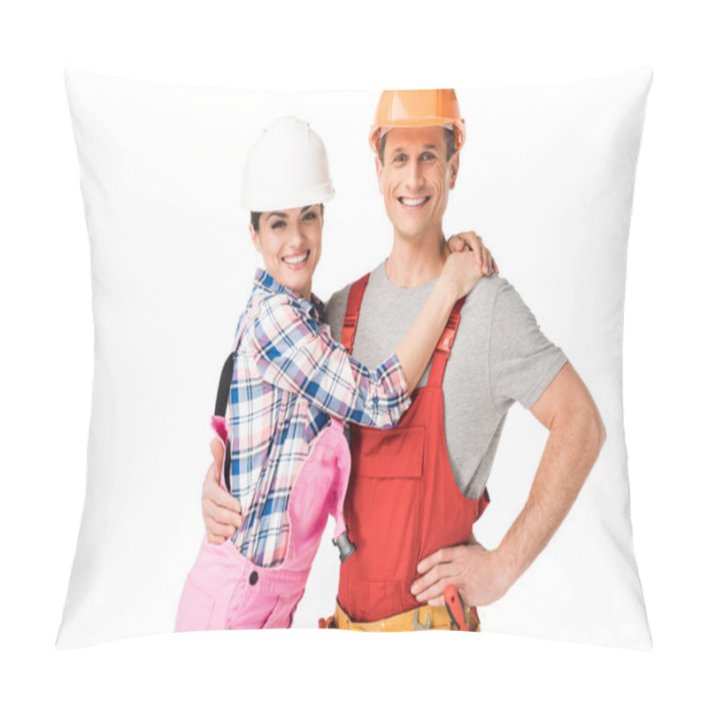 Personality  Construction Workers Team Embracing Isolated On White Pillow Covers