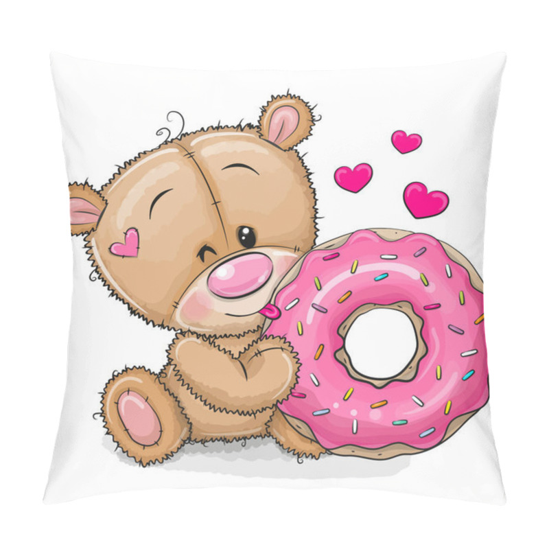 Personality  Cute Cartoon Teddy Bear With Donut On A White Background Pillow Covers