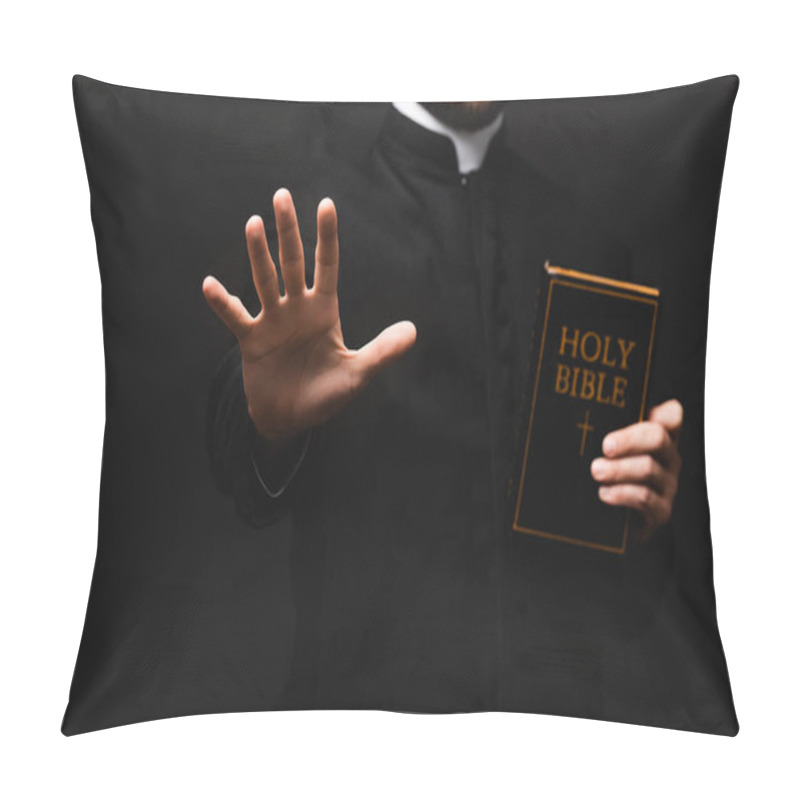 Personality  Cropped View Of Priest Holding Holy Bible While Gesturing Isolated On Black  Pillow Covers