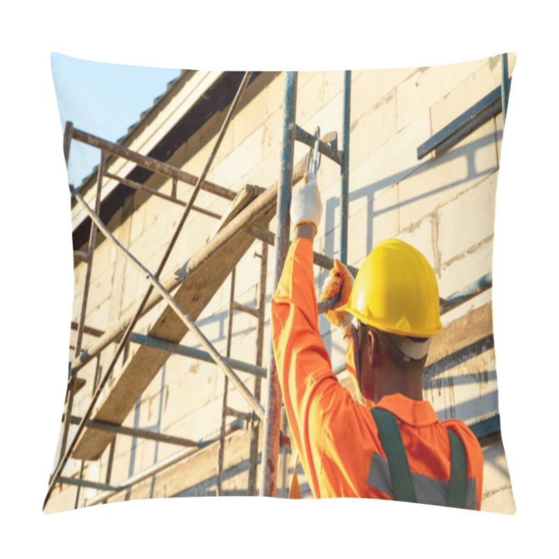 Personality  Construction Worker Wearing Safety Harness Belt During Working At High Place,Concept Of Residential Building Under Construction. Pillow Covers