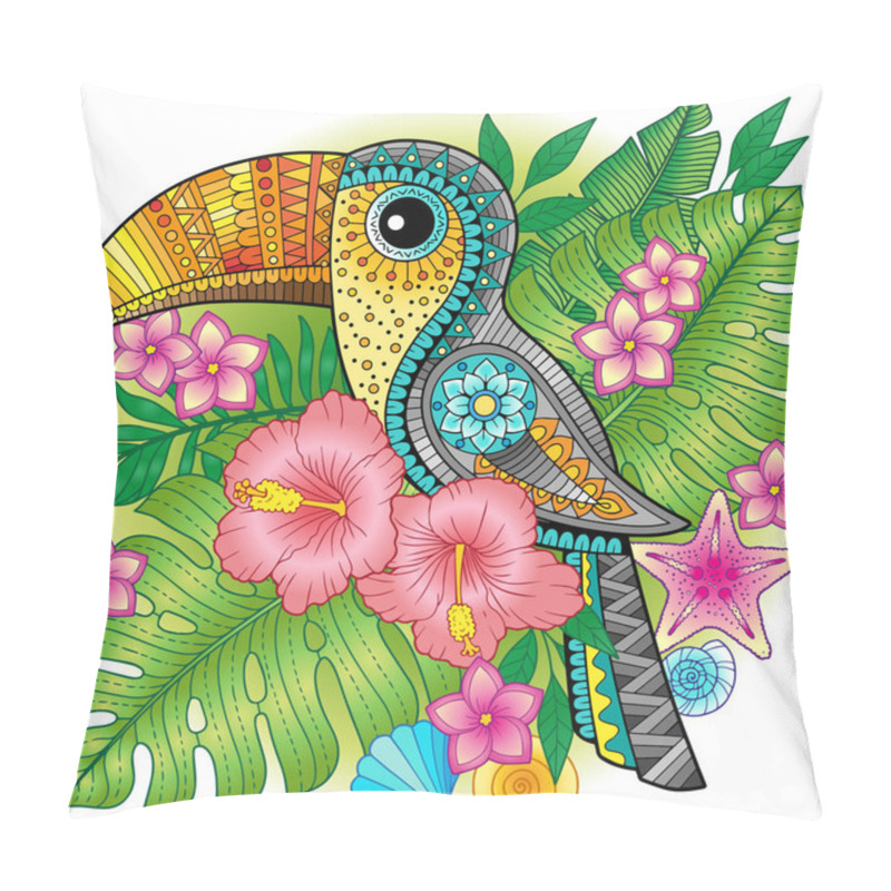 Personality  A Bright Decorative Toucan Among Exotic Plants And Flowers. Vector Image For Print On Clothes, Textiles, Posters, Invitations Pillow Covers