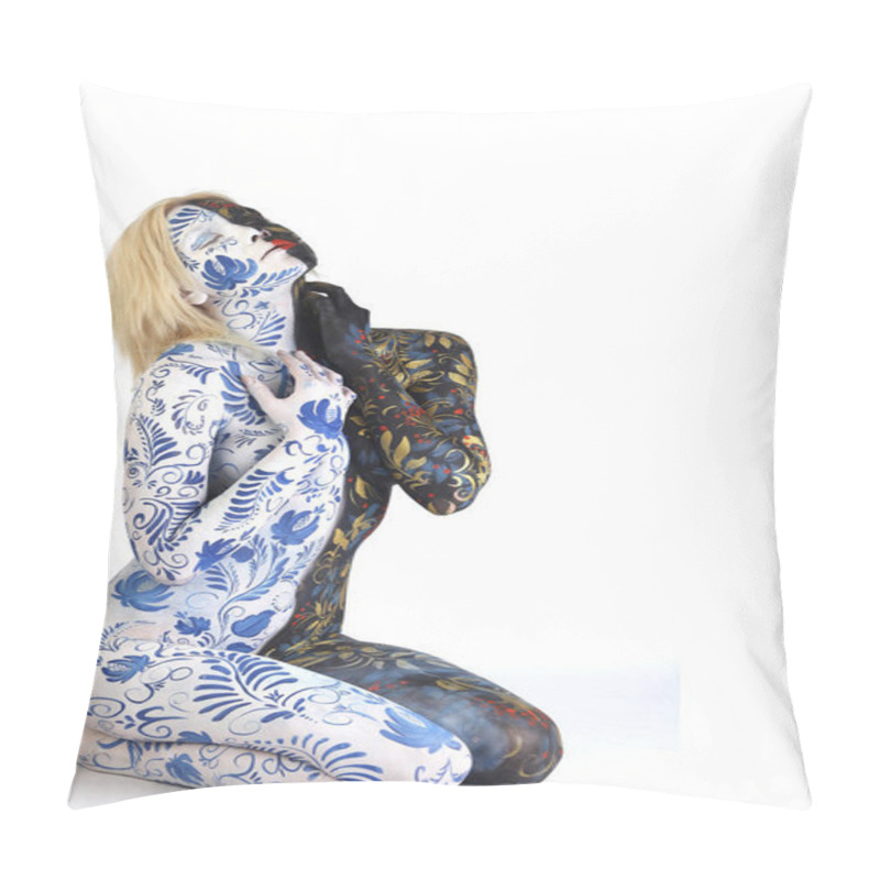 Personality  Body Art Portrait Of A Girl In The Style Of Khokhloma And Gzhel On A White Background Studio Pillow Covers