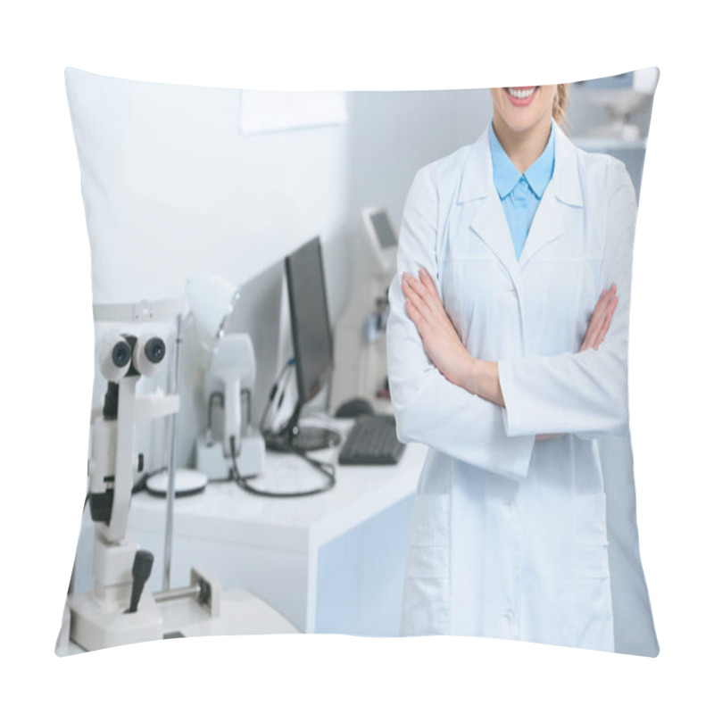 Personality  Cropped View Of Female Ophthalmologist Standing With Crossed Arms In Optical Clinic Pillow Covers