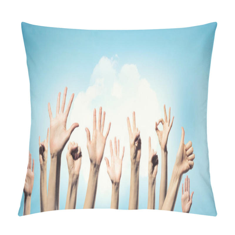 Personality  Group Of People Rise Hands . Mixed Media Pillow Covers