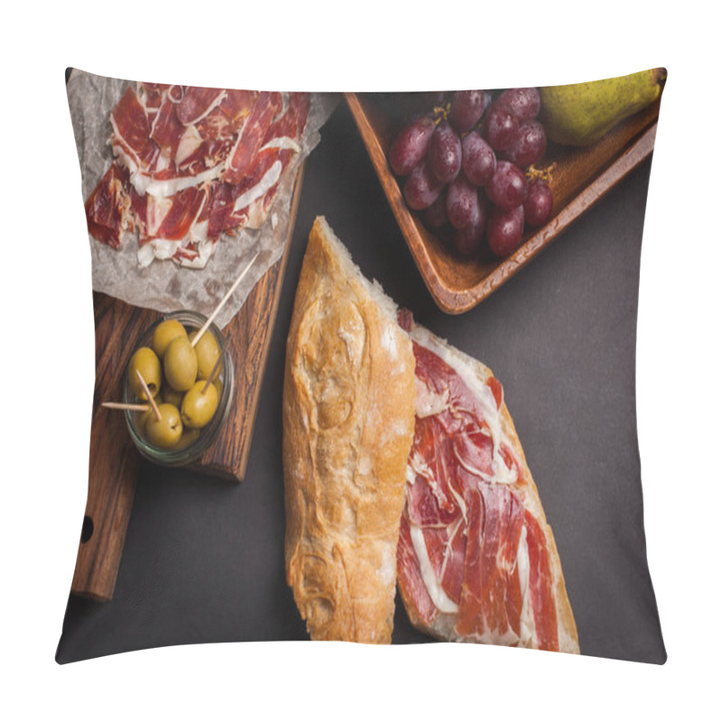 Personality  Jamon Iberico With White Bread, Olives On Toothpicks And Fruit On A Dark Background. Top View Pillow Covers