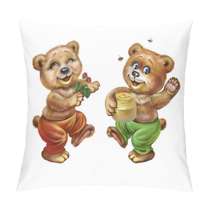 Personality  Set Of Funny Bear Cubs With Raspberries And Honey Dancing, Fairy Animals, Isolated Characters On White Background Pillow Covers