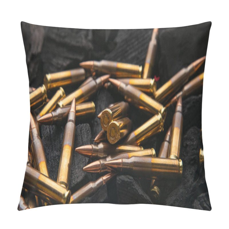 Personality  Cartridges For Automatic Carbine Caliber .223 On Charcoal. Ammunition For Automatic And Semi-automatic Rifles. Dark Background. Pillow Covers