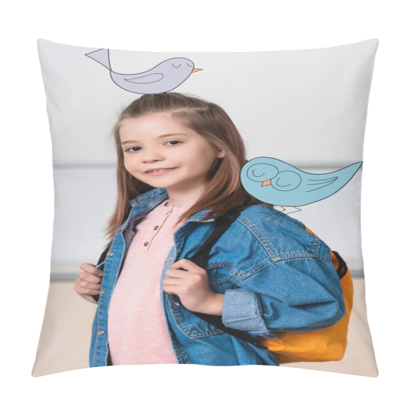 Personality  Schoolgirl With Backpack Looking At Camera Near Birds Illustration  Pillow Covers