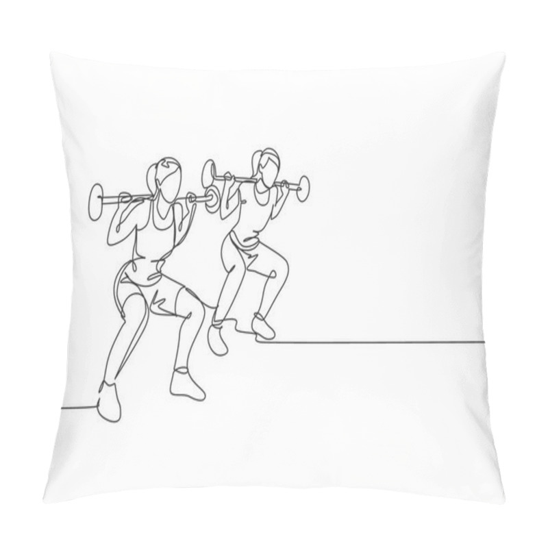 Personality  One Continuous Line Drawing Of Two Young Sporty Women Working Out Lifting Barbell With Squat Pose In Fitness Gym Club Center. Healthy Fitness Sport Concept. Single Line Draw Design Vector Illustration Pillow Covers