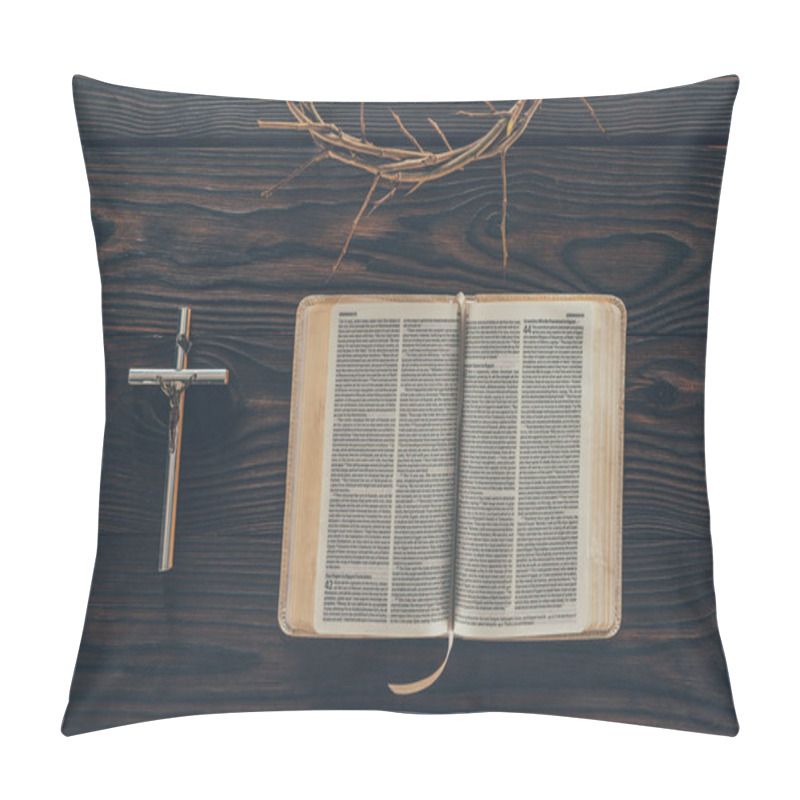 Personality  Top View Of Crown Of Thorns With Cross And Bible On Table Pillow Covers