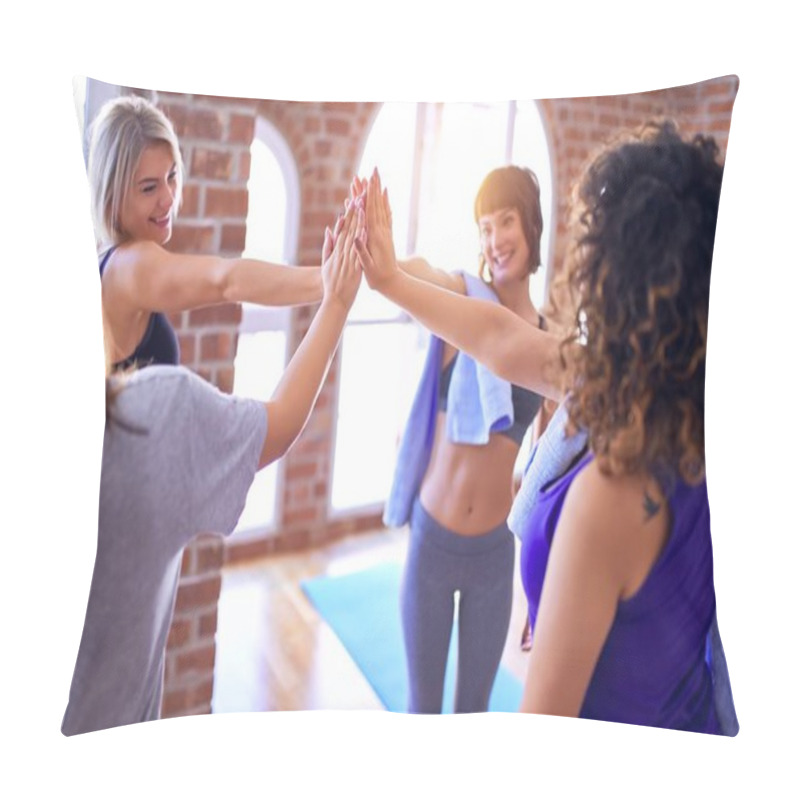 Personality  Young Beautiful Group Of Sportswomen Smiling Happy. Standing Highing Five With Smile On Face After Class Of Yoga At Gym Pillow Covers