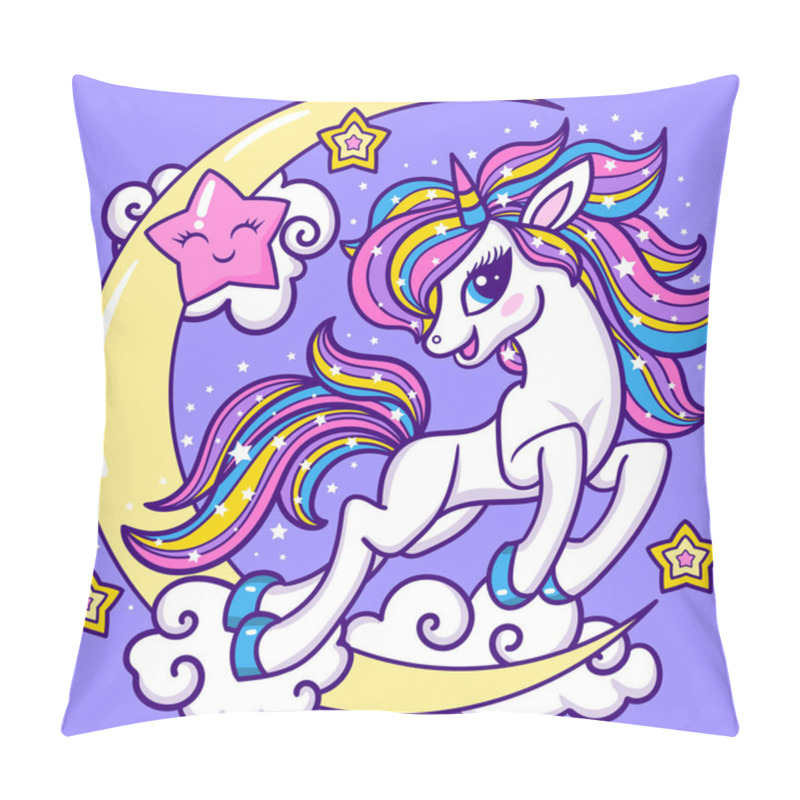 Personality  A Cute White Unicorn With A Rainbow Mane Rides On The Crescent Moon. Magic Fantastic Animal. For Kids Girly Designs For Prints, Posters, Postcards, Stickers, Greetings, Badges, Cards, And More. Vector Pillow Covers