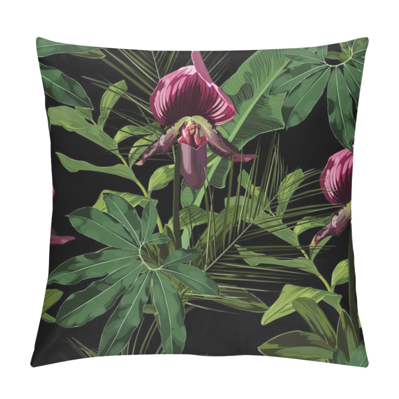 Personality  Violet Orchids. Seamless Floral Pattern With Violet Glossy Flowers And Palm Leaves. Tropical Pattern On A Black Background.  Pillow Covers