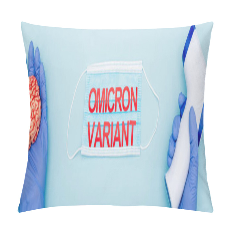 Personality  Partial View Of Doctor With Brain Model And Pyrometer Near Medical Mask With Omicron Variant Lettering On Blue, Banner Pillow Covers