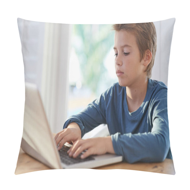 Personality  Zipping Through His Homework. A Young Boy Using A Laptop At Home Pillow Covers