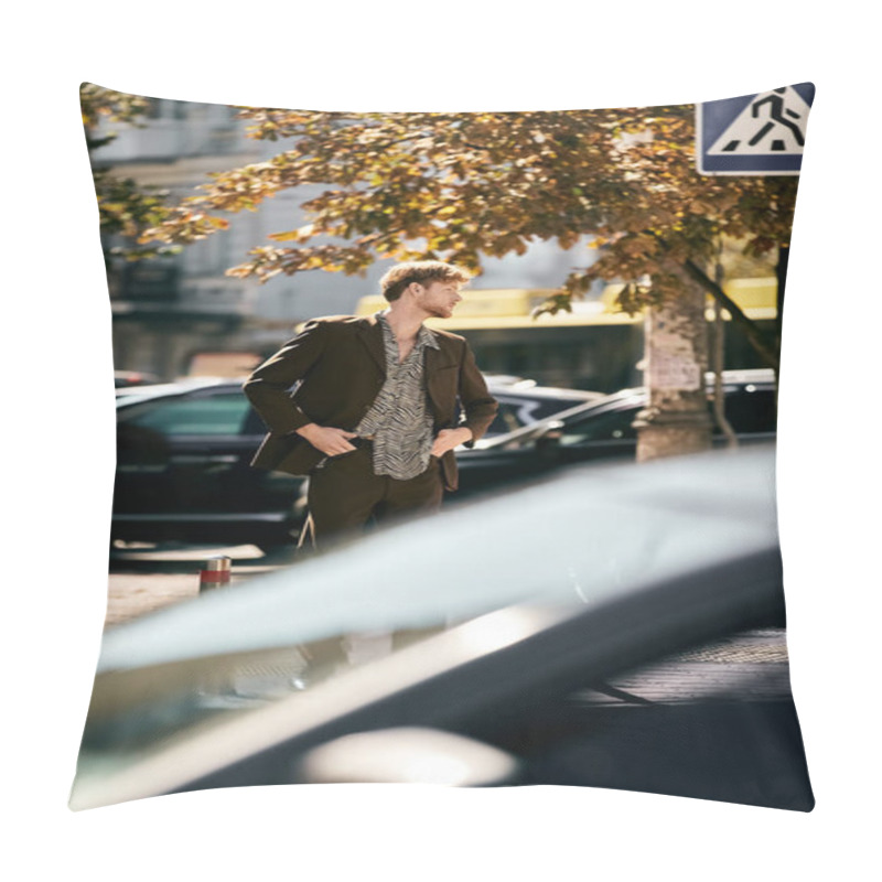 Personality  Young Red-haired Man In Debonair Attire Casually Walking Down A City Street Lined With Parked Cars. Pillow Covers