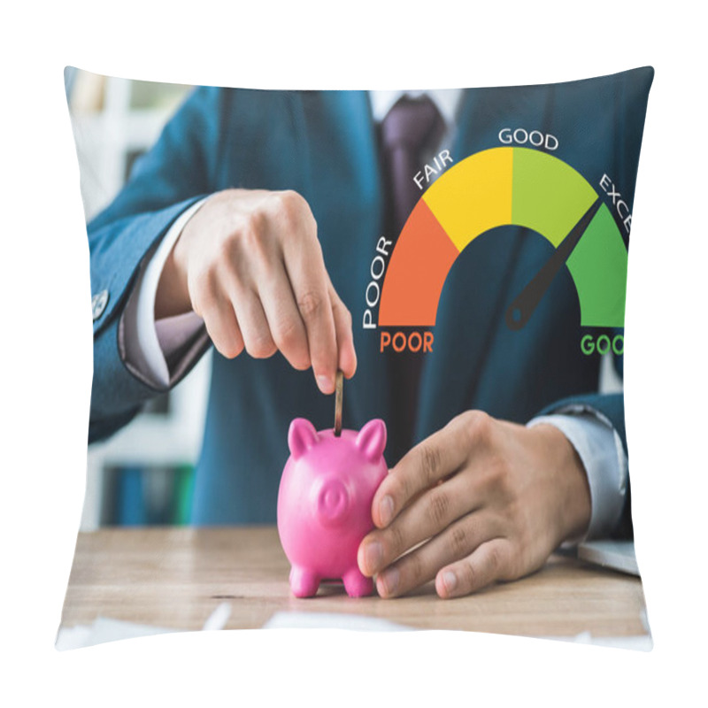 Personality  Selective Focus Of Businessman Putting Metallic Coin Into Piggy Bank Near Speed Meter And Letters  Pillow Covers