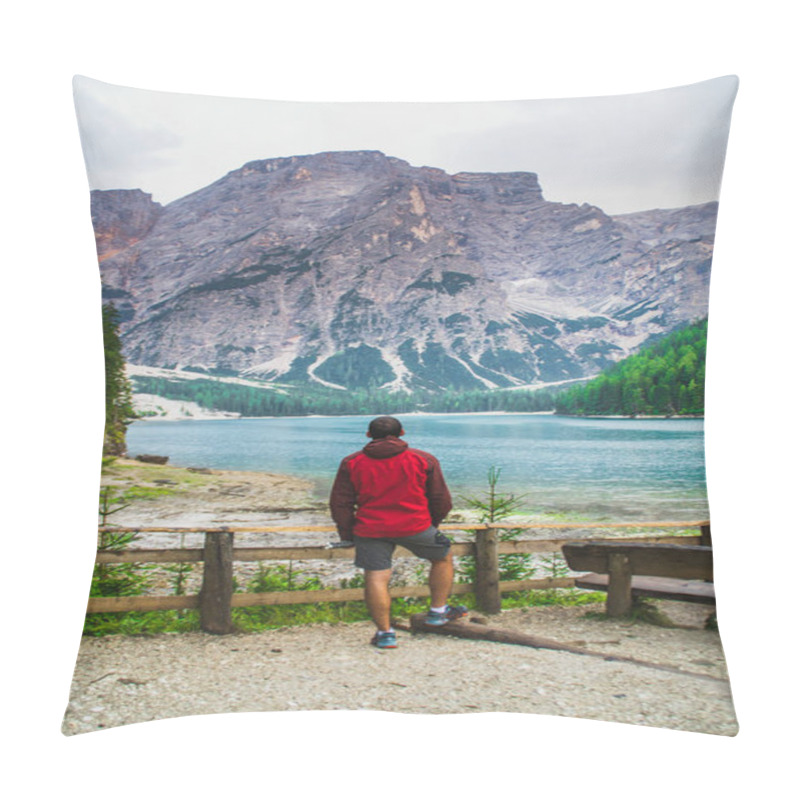 Personality  Tourist Man In Red Rain Jacket Overlooking Romantic Lago Di Braies (Pragser Wildsee) In South Tyrol, Italy Pillow Covers