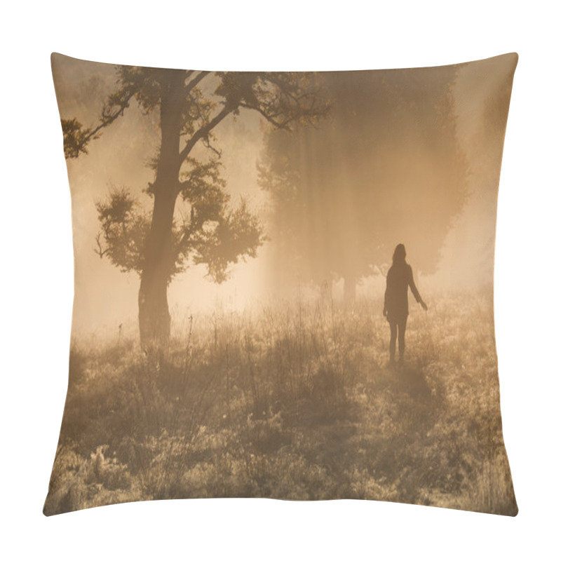 Personality  Silhouette Of Woman Meditating In Forest In A Foggy Morning Pillow Covers