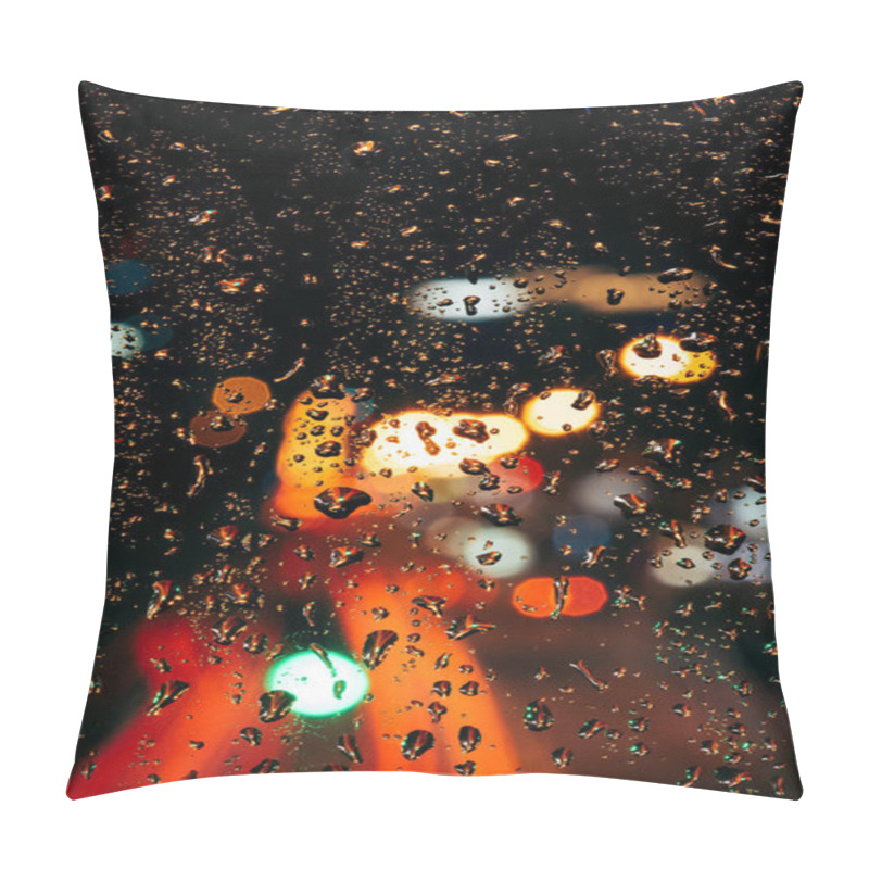 Personality  Close Up View Of Raindrops On Window And Bokeh City Lights On Background Pillow Covers