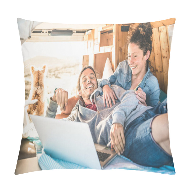 Personality  Hipster Couple With Dog Traveling Together On Retro Mini Van Transport - Life Inspiration Concept With Indie People On Minivan Adventure Trip Watching Laptop Pc In Relax Moment - Warm Vintage Filter Pillow Covers