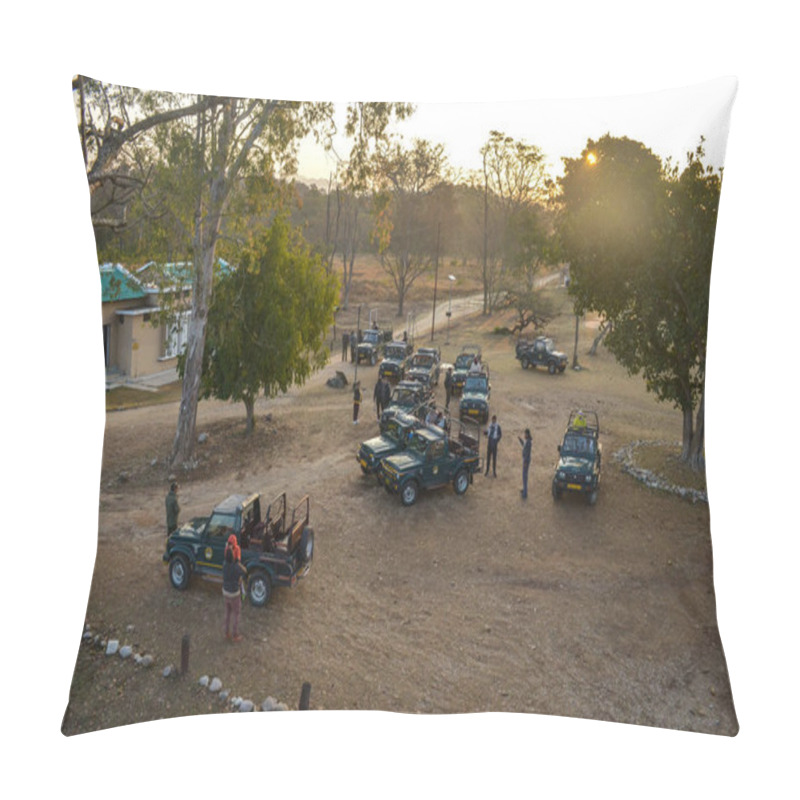 Personality  Uttarakhand, India, 2019. Top View Of A Group Of Gypsy Cars Offroading Vehicles With People Waiting To Begin Their Safari In Jim Corbett National Park Tiger Reserve Pillow Covers