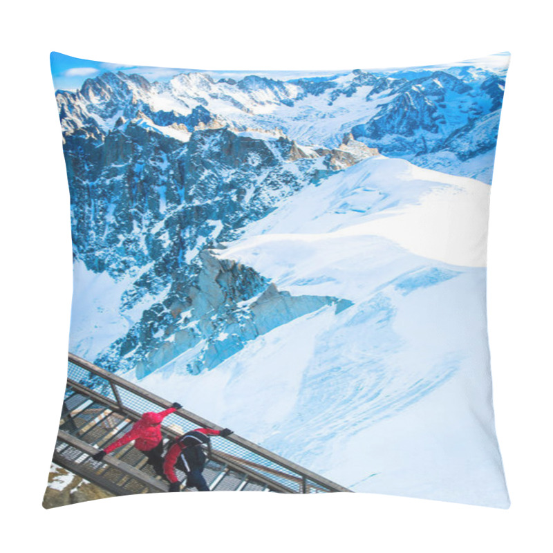 Personality  Two Tourists In Jackets Walk On A Metal Walkway High Above Chamonix, Surrounded By Vast Snowy Mountains. The Sun Shines Brightly On The Peaks Under A Clear Sky. Pillow Covers