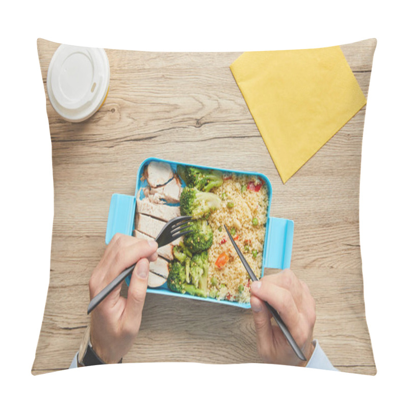 Personality  Cropped View Of Man Eating Healthy Lunch With Risotto, Broccoli And Chicken At Wooden Table Pillow Covers