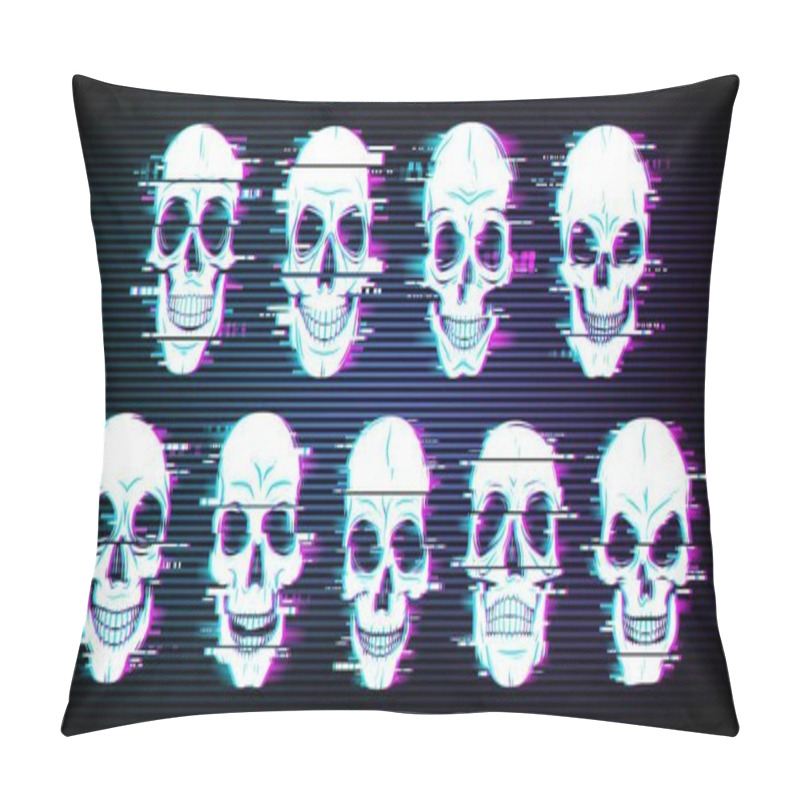 Personality  Glitch Skulls Vector Distorted Neon Glowing Pixelized Craniums Or Jolly Roger. Trippy Digital Art, Horror, Dead Heads On Black Background. Television Messy Distortion Or Vhs Tape Glitch Effect Pillow Covers