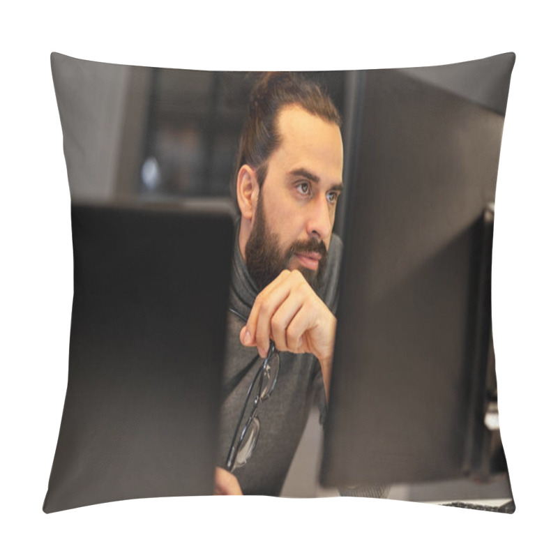 Personality  Close Up Of Creative Man Working At Night Office Pillow Covers