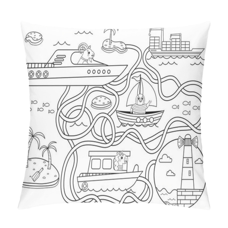 Personality  Help The Boat Find The Right Way To The Lighthouse. Maze Or Labyrinth Game For Preschool Children Black And White For Coloring. Puzzle. Tangled Road. Transport For Kids Pillow Covers