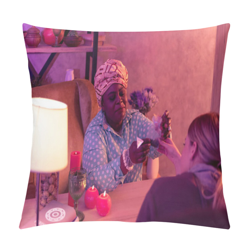 Personality  African American Plump Fortune-teller In Ethnic Headwear Holding A Small Baggie With Runes Pillow Covers