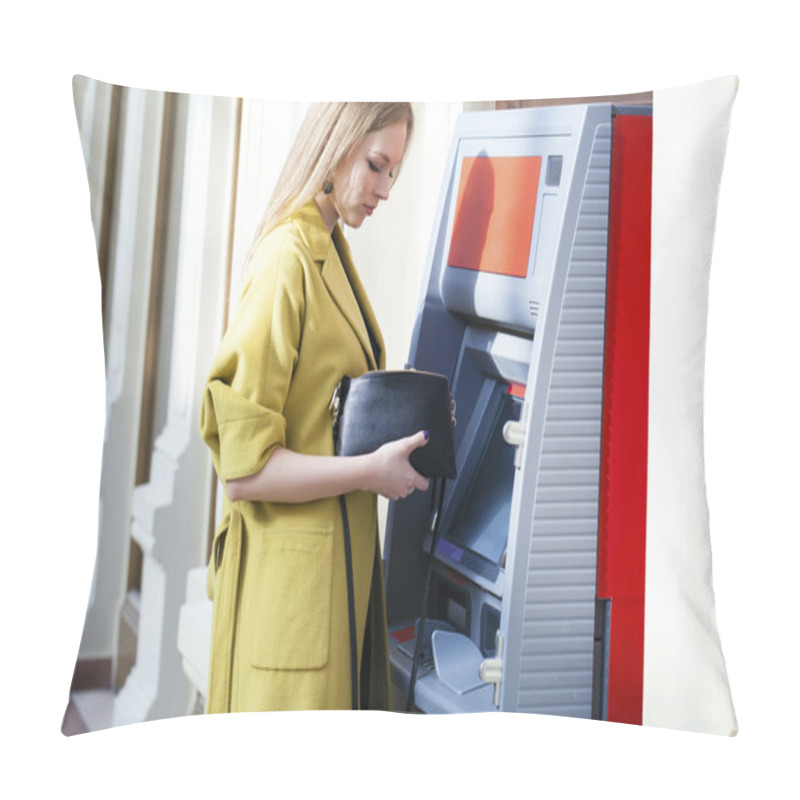 Personality  Blonde Lady Using An Automated Teller Machine  Pillow Covers