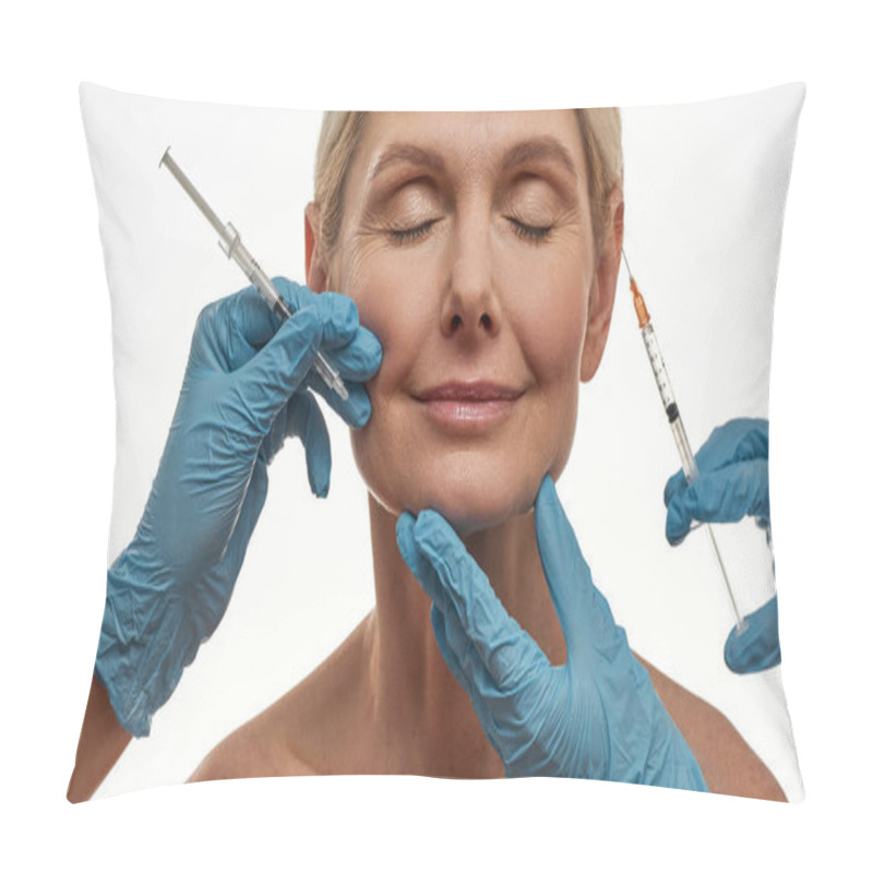 Personality  Doctors Making Injection On Middle Aged Woman Face Pillow Covers