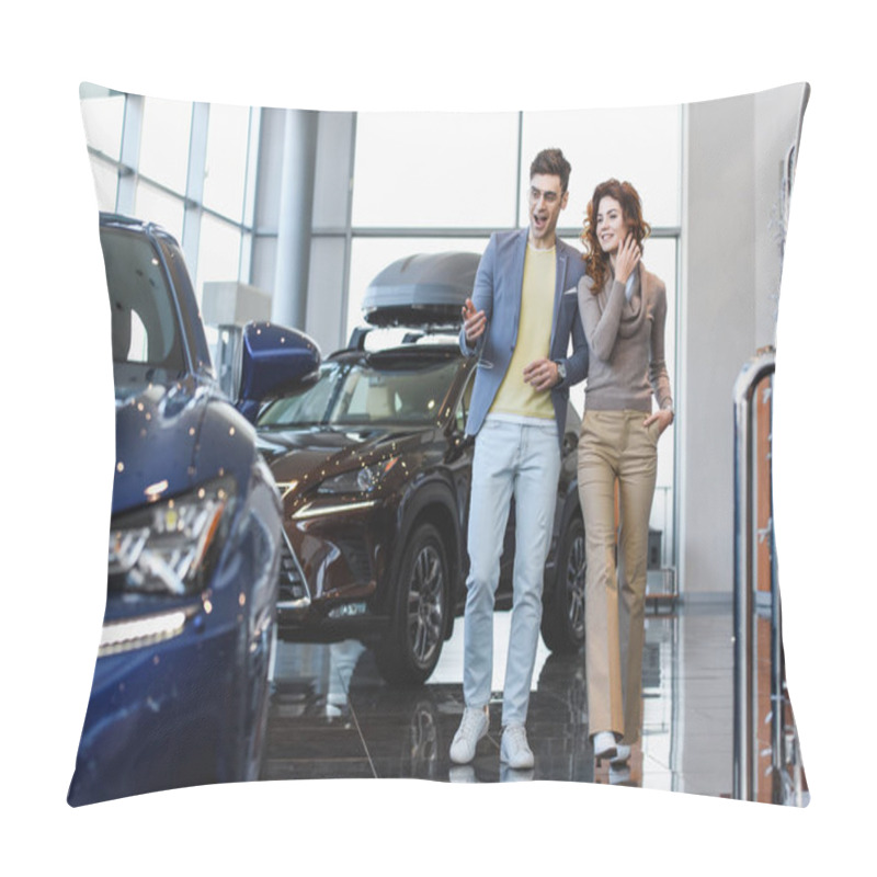 Personality  Cheerful Man In Glasses Pointing With Finger Near Curly Woman With Hand In Pocket  Pillow Covers